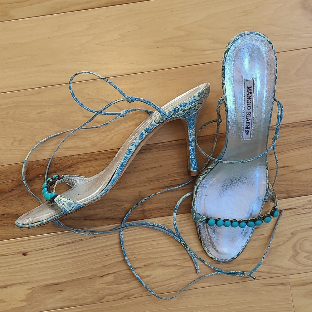 Manolo Blahnik brocade stilleto ballet tie sandals with turquoise stone details